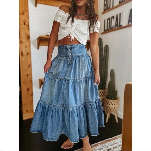 Denim Blue Tiered Maxi Skirt - Picture 2 of 3
